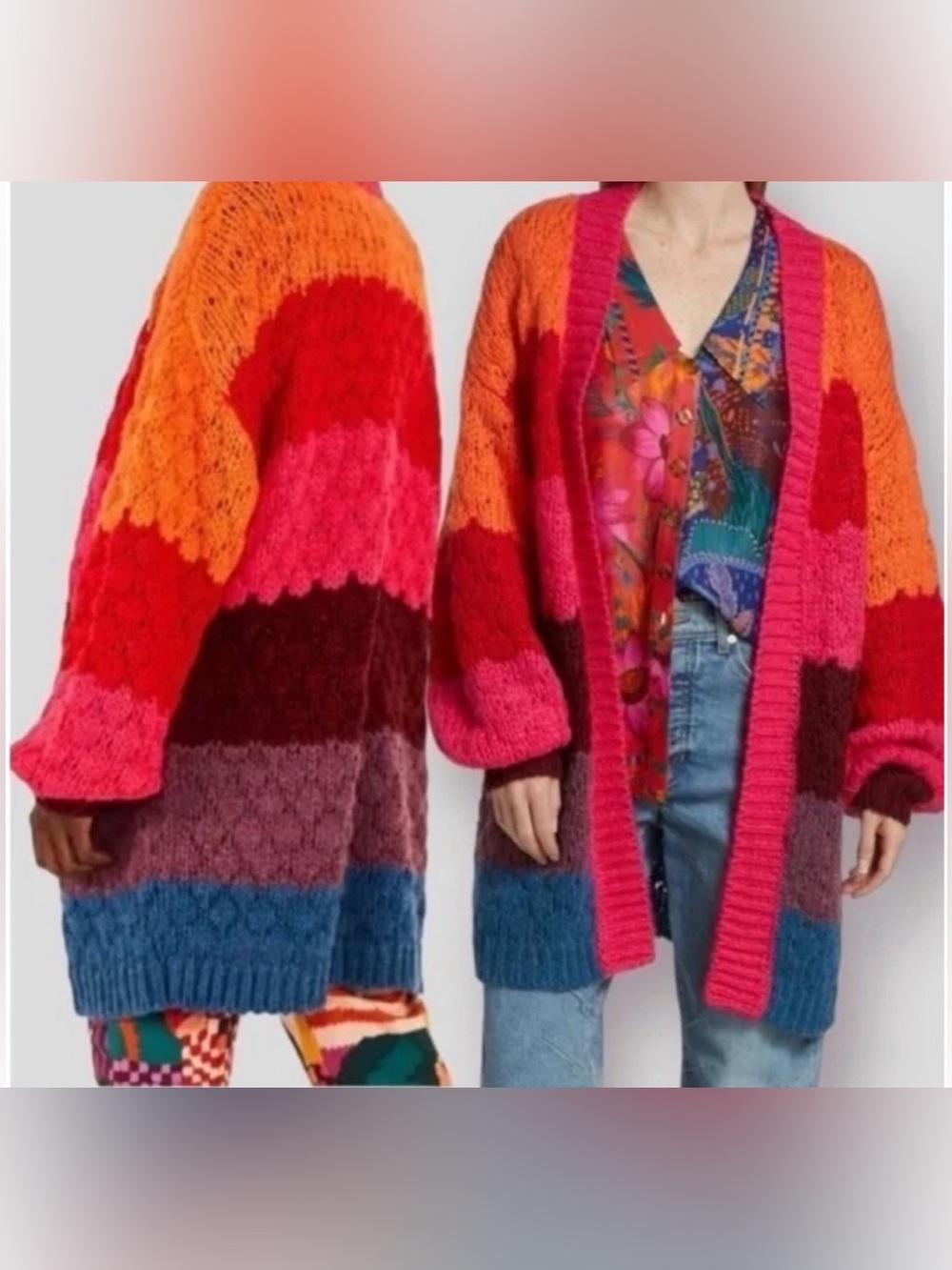 FARM Rio Multicolor Striped Open-Front Cardigan — Pink, Red, Orange & Blue